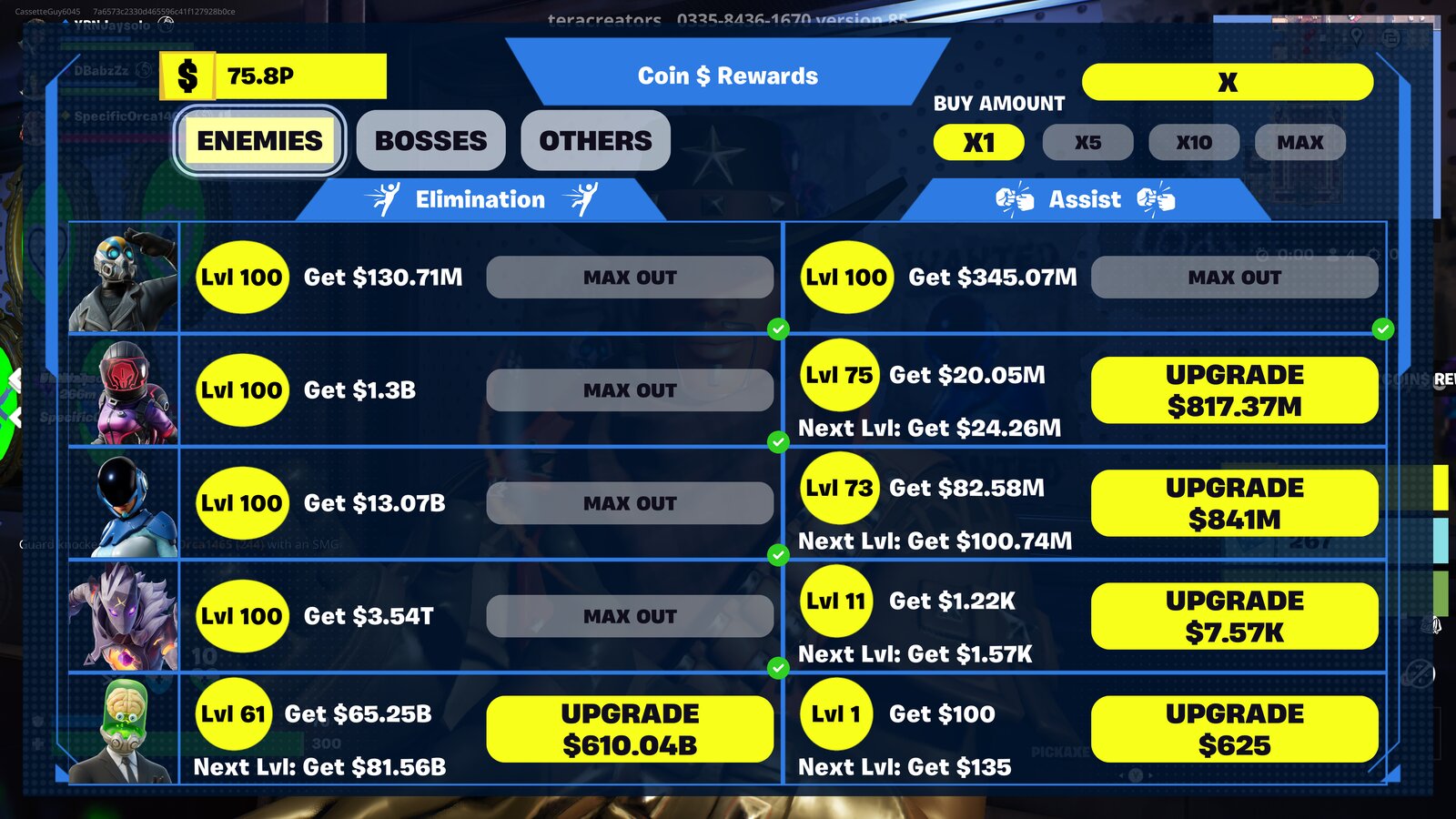 Enemies rewards menu