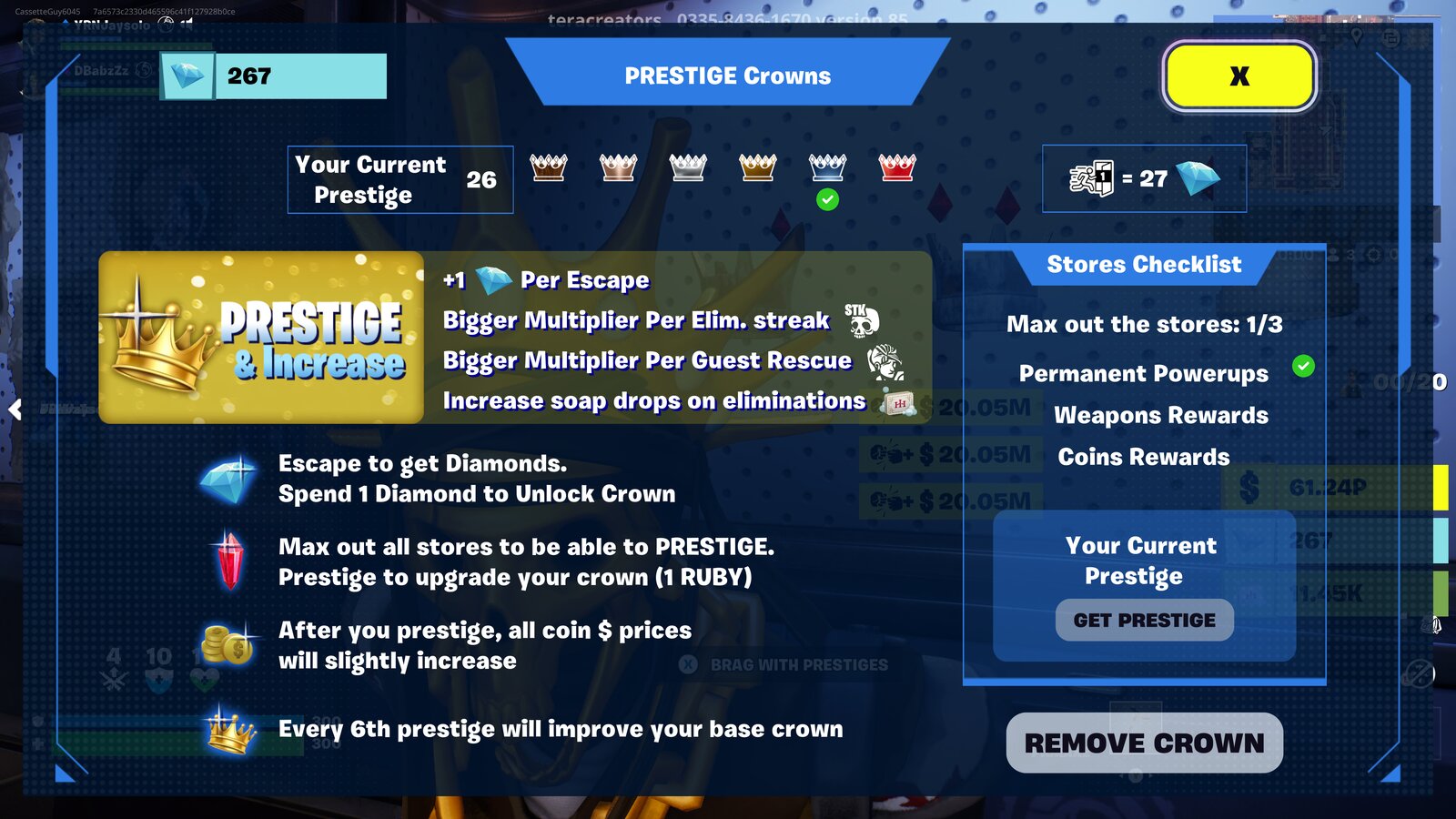 Prestige and crowns screen