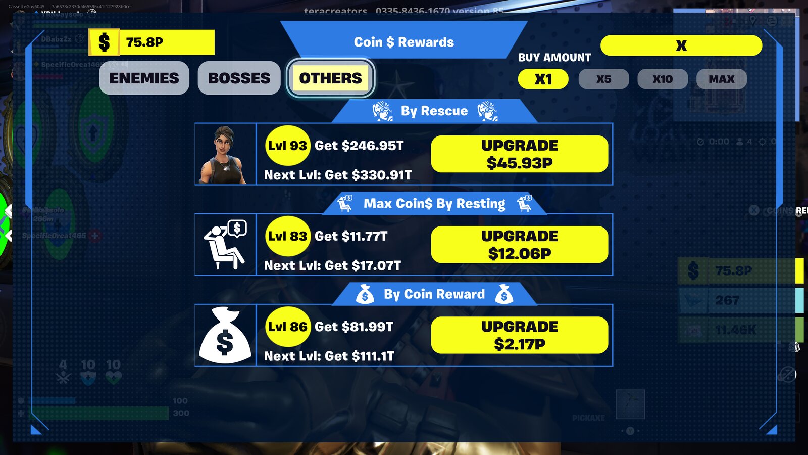 Hostages, resting, and coin reward upgrades menu