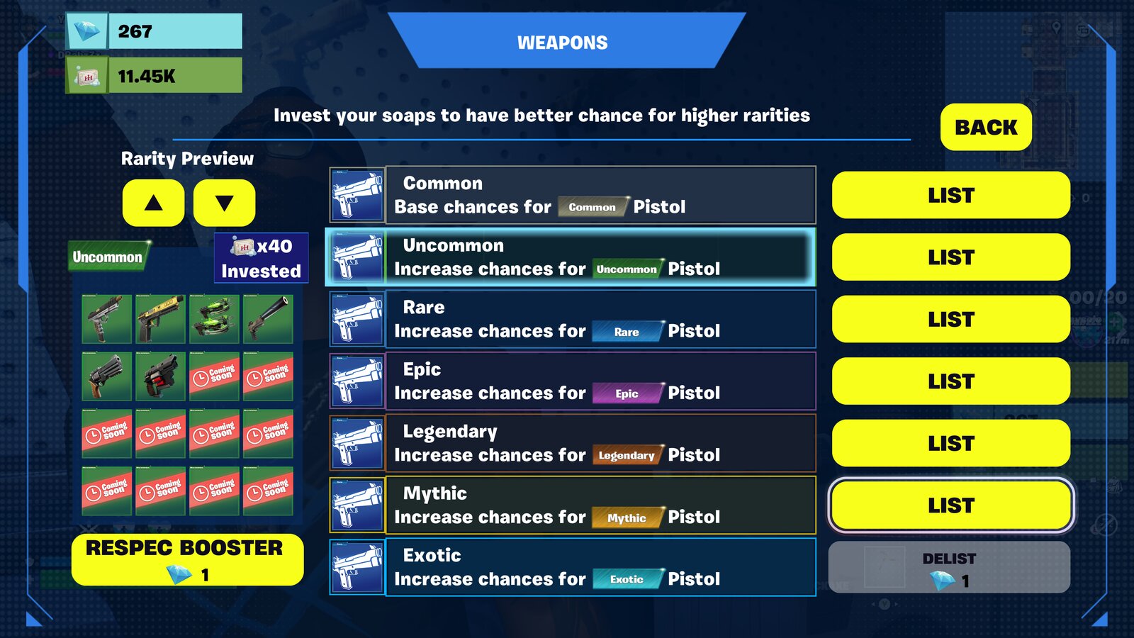 Weapon rarity investment and list or delist controls