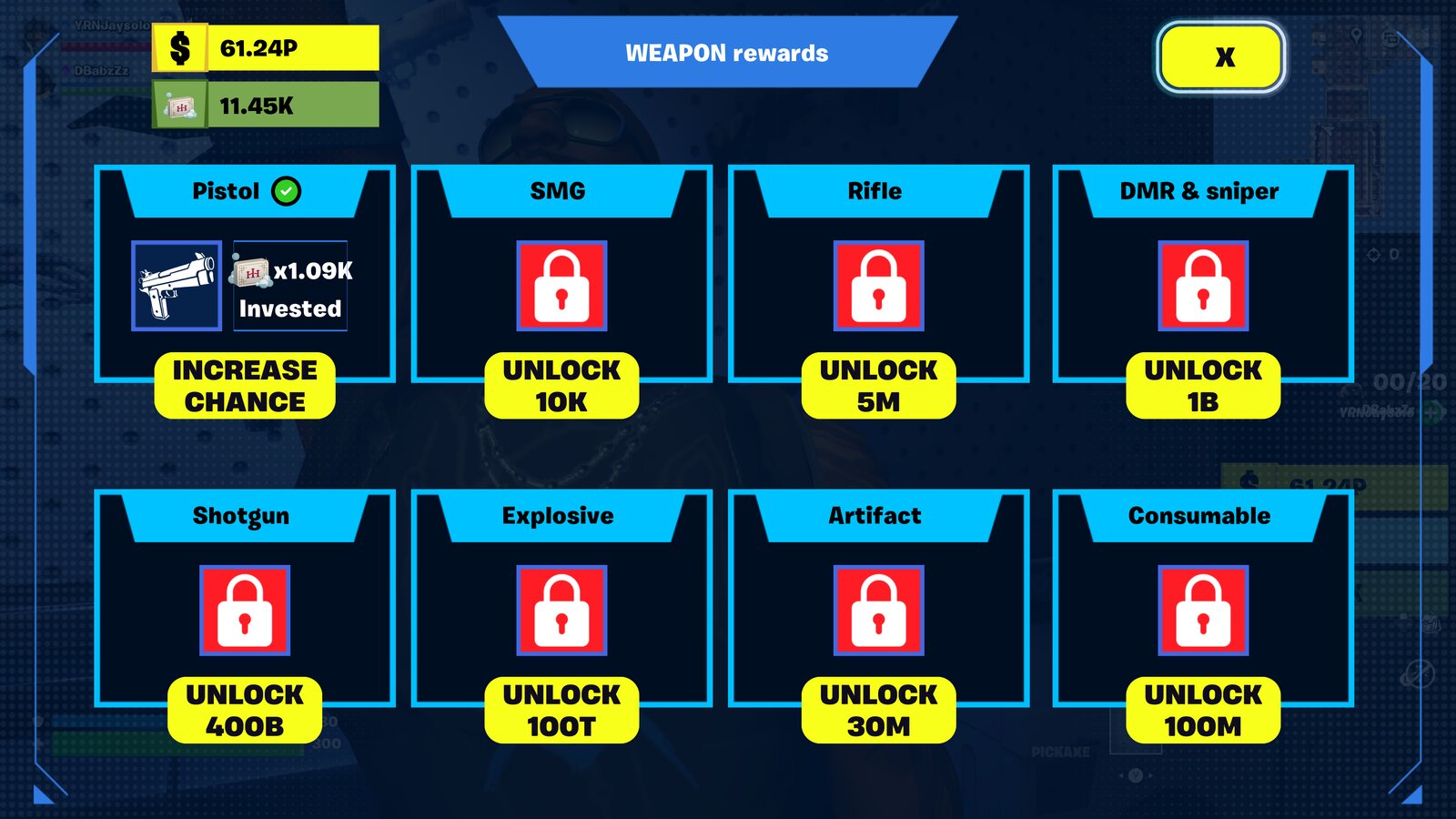 Weapons rewards with some rewards still locked